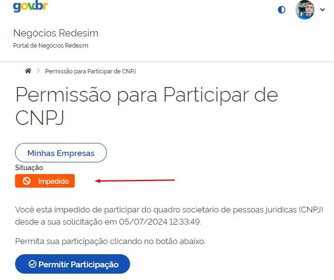 tela de permissão para participar de CNPJ