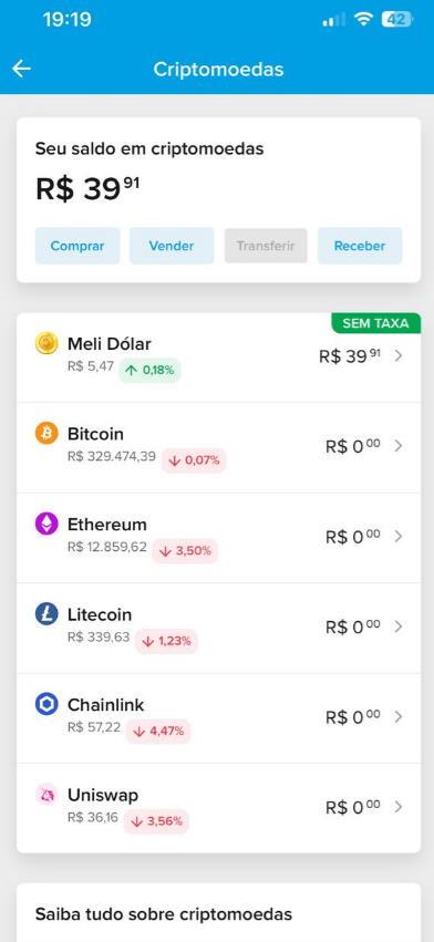 Lista de criptomoedas para negociar no app do Mercado Pago.