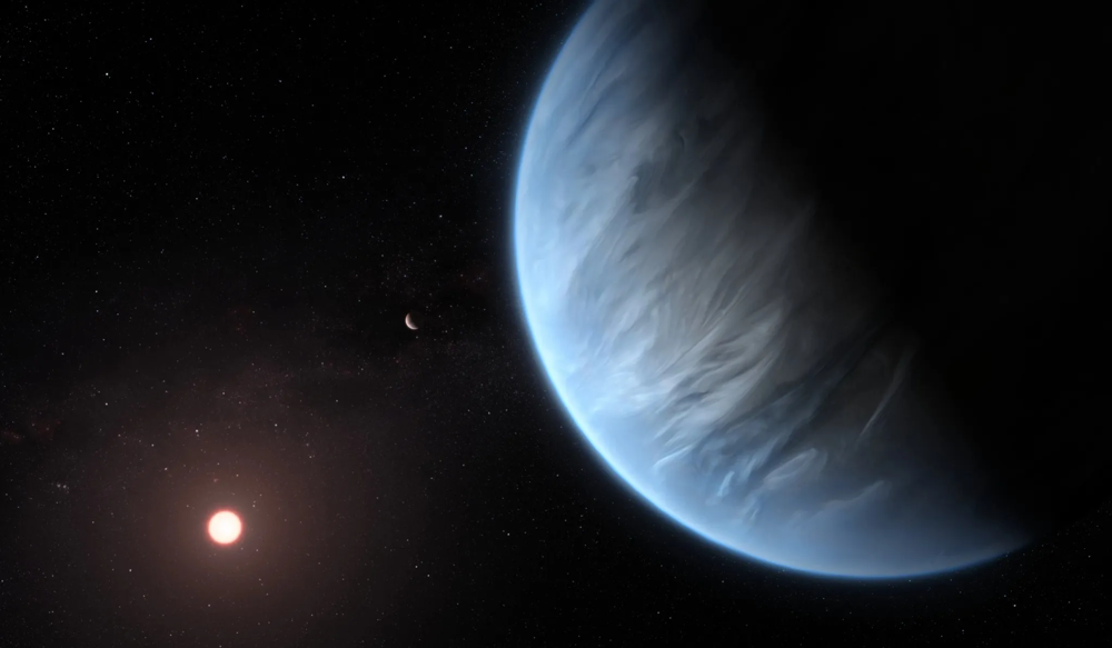 Imagem: Impressão artística do exoplaneta K2-18b orbitando uma estrela anã vermelha. Observações indicam vapor d'água em sua atmosfera e temperaturas potencialmente compatíveis com água líquida na superfície